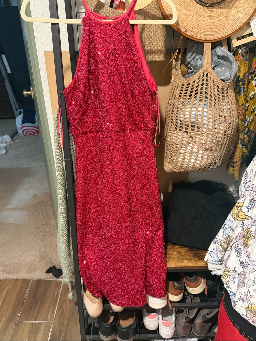 Hot pink Sequin Halter Evening Dress
